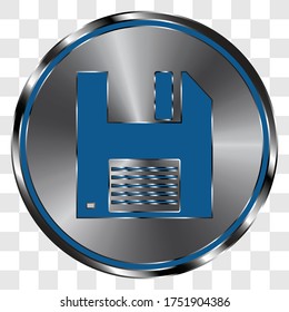 Floppy disk simple icon vector on metal round button. Transparent grid