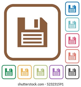 Floppy disk simple icons in color rounded square frames on white background