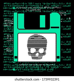 Floppy disk with a skull representing a computer virus, hack attack, malware and ransomware.