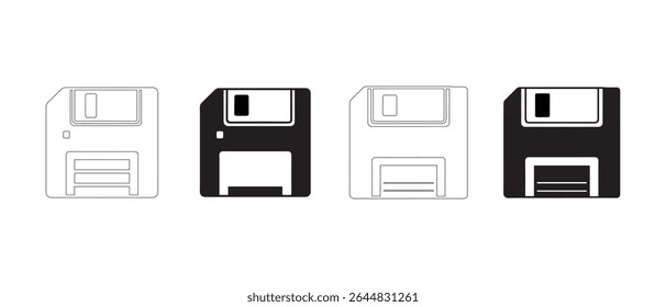 Floppy disk storage icon set, vintage save button symbols in black and white vector style for digital technology and computer interface design.