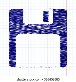 floppy disk  Vector icon with pen and school paper effect 