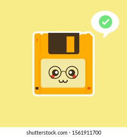 floppy disk vector illustration in flat style. cute style and pose by limited vintage diskette. Diskette old technology cute kawaii cartoon