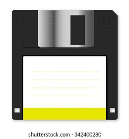 Floppy disk vector with yellow vignette on white background. Arranged layer structure