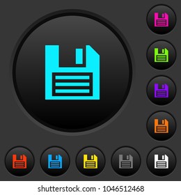 Floppy disk with vignette dark push buttons with vivid color icons on dark grey background