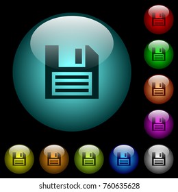 Floppy disk with vignette icons in color illuminated spherical glass buttons on black background. Can be used to black or dark templates