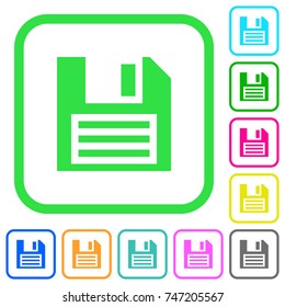 Floppy disk with vignette vivid colored flat icons in curved borders on white background