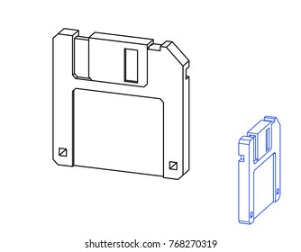 Floppy diskette icon. Isolated on white background. Vector outline illustration. Dimetric projection.