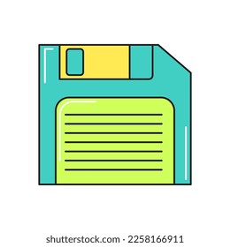 Floppy diskette retro 90s style. Colorful vector sticker isolated on white background.