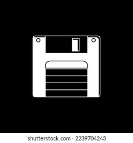 Floppy Diskette. Vector illustration of a cartoon old floppy disk. Black and white, silhouette on black background. Isolated 