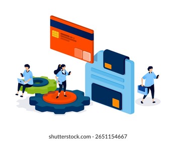 Floppy disks and credit cards are shown as storage tools, representing the digital recording and saving of financial transactions and banking information. Can be used for banner, mobile app, website