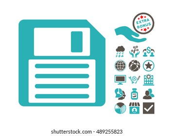 Floppy icon with bonus clip art. Vector illustration style is flat iconic bicolor symbols, grey and cyan colors, white background.