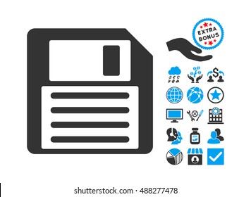 Floppy icon with bonus design elements. Vector illustration style is flat iconic bicolor symbols, blue and gray colors, white background.