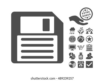 Floppy icon with bonus pictures. Vector illustration style is flat iconic symbols, gray color, white background.