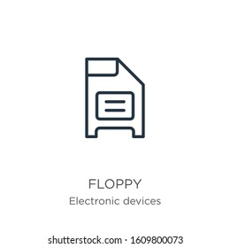 Floppy icon. Thin linear floppy outline icon isolated on white background from electronic devices collection. Line vector sign, symbol for web and mobile