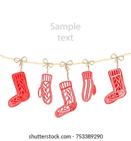 Floppy knit Christmas socks in red color. Vector illustration