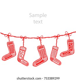 Floppy knit Christmas socks in red color. Vector illustration