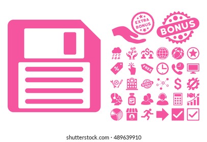 Floppy pictograph with bonus design elements. Vector illustration style is flat iconic symbols, pink color, white background.