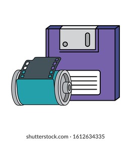 floppy with roll camera nineties retro style isolated icon vector illustration design