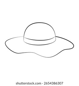 Floppy Summer Hat Outline. Elegant Wide Brim Woman’s Hat Line Drawing. Isolated on a white background.