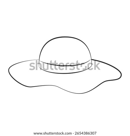 Floppy Summer Hat Outline. Elegant Wide Brim Woman’s Hat Line Drawing. Isolated on a white background.
