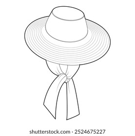 Sombrero de sol flácido con corbata de bufanda. Sombrero de verano Cabeza Accesorio de moda Gorra de ala ancha ilustración técnica de ropa. Vector headgear para hombres, mujeres, estilo unisex, Plantilla plana CAD maqueta boceto esquema