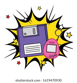 floppy with video game mascot of nineties in explosion pop art vector illustration design