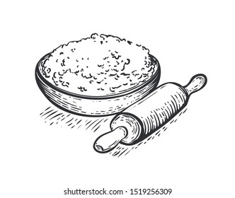 Flor or sugar bowl and rolling pin isolated on white background. Hand draw vector illustration in engraving style