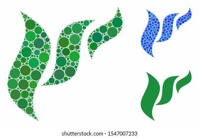 Flora abstraction mosaic of filled circles in different sizes and color hues, based on flora abstraction icon. Vector random circles are organized into blue mosaic.