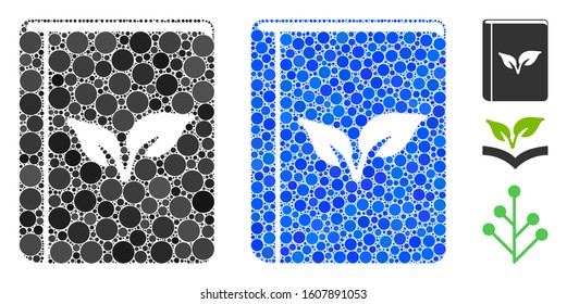 Flora book composition of spheric dots in different sizes and shades, based on flora book icon. Vector small circles are composed into blue composition.