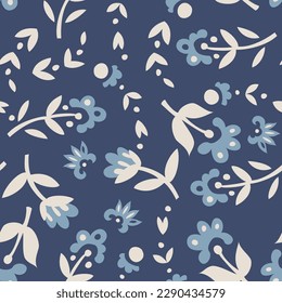 Flora and botany decoration and ornament design, floral motif with leaves and petals. Flourishing and blooming blue plants. Seamless pattern, background print or wallpaper. Vector in flat style