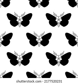 Flora and butterflies. Seamless monochrome floral pattern. Black abstract moth. Ink illustration with floral motif. Hand-drawn black print for fabric, wrapping paper, wallpaper or any prints. 
