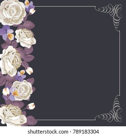 Flora card template with white roses and square calligraphic frame. On dark background. Vector illustration.