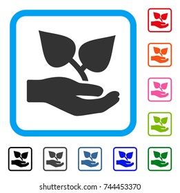 Flora Care Hand icon. Flat gray iconic symbol inside a blue rounded rectangle. Black, gray, green, blue, red, orange color versions of Flora Care Hand vector. Designed for web and software interfaces.
