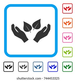 Flora Care Hands icon. Flat gray iconic symbol in a blue rounded frame. Black, gray, green, blue, red, orange color additional versions of Flora Care Hands vector. Designed for web and app interfaces.