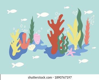 flora corals fish sea ocean bubbles water aquatic still life nature stones seashells starfish algae water flat vector illustration
