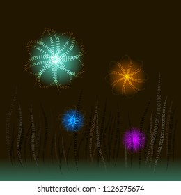 Flora digital on a dark background with zero and a unit in the form of grass and luminous balls