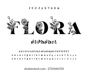 FLORA es una tipografía elegante en mayúsculas y minúsculas. Diseño de moda minimalista de letra clásica. Tipografía serif moderna concepto vintage decorativo regular. Ilustración vectorial. Fuente de titular