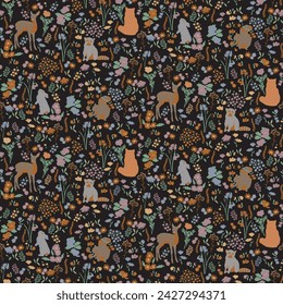 Flora And Fauna Abstract Pattern.Seamless Black Background fauna vector design.