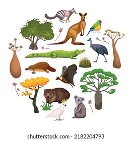 Flora and fauna of australia flat round composition with wild animals birds and exotic plants vector illustration