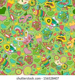 Flora fauna and fanny face. Vector ethnic background with animals. Seamless pattern can be used for wallpapers, pattern fills, web page background,surface textures.Bright children's cartoon animals.