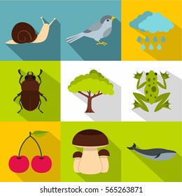 Flora and fauna icons set. Flat illustration of 9 flora and fauna vector icons for web
