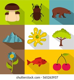 Flora and fauna icons set. Flat illustration of 9 flora and fauna vector icons for web