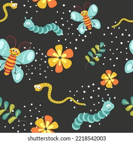 Flora and fauna, insects and flowers. Caterpillars and worms, butterflies with funny facial expressions. Characters and personage. Seamless pattern, wallpaper or background print. Vector in flat style