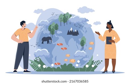 Flora and fauna. Man and girl study planet. Care for nature and environment, reducing waste generation. Ecology and biology lessons, teacher and student, education. Cartoon flat vector illustration