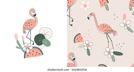 Flora and fauna pattern. Flamingo hand drawn illustration. Exotic bird with sliced watermelon. Decorative textile, wallpaper, wrapping paper design. Wild animal t-shirt print
