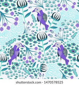 Flora and fauna pattern in hight quality ready for textile, paper or web design. Wild forest flowers and birds seamless pattern. Colorful design. Vector illustration