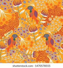 Flora and fauna pattern in hight quality ready for textile, paper or web design. Wild forest flowers and birds seamless pattern. Colorful design. Vector illustration