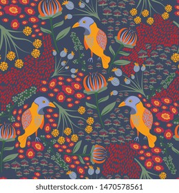 Flora and fauna pattern in hight quality ready for textile, paper or web design. Wild forest flowers and birds seamless pattern. Colorful design. Vector illustration