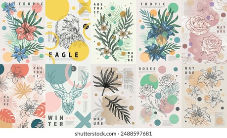 Flora and fauna set flyers colorful with plants and flowers growing on tropical islands near eagle and deer vector illustration