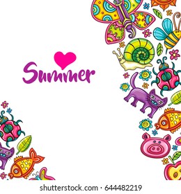 Flora and fauna template. Cartoon vector frame, place for text, colorful animals, birds, bugs and flowers. Children party invitation, summer banner, kids greeting card. Doodle colorful icons isolated.
